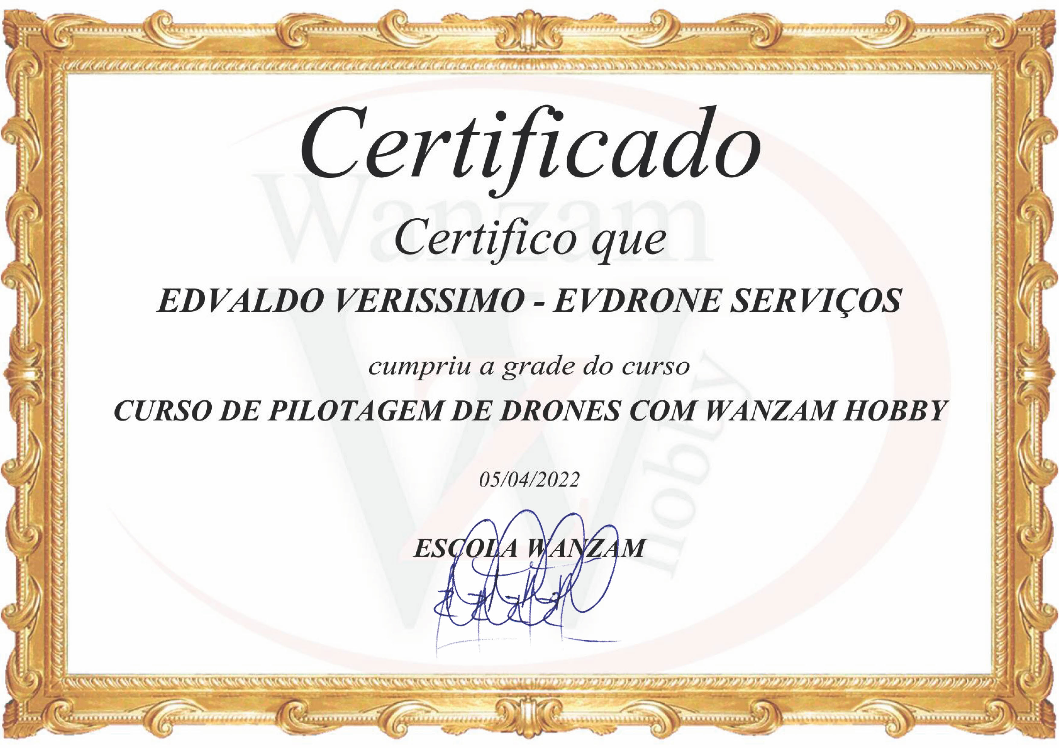 Certificado do Curso com Mestre Wanzam